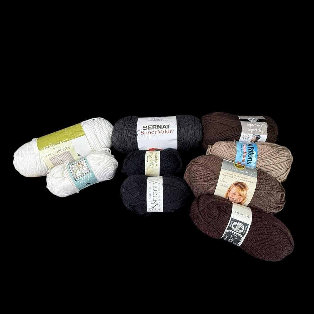 Mixed Lot of Yarn White, Brown, & Black Acrylic Wool Vanna White Lot Of 9